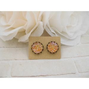 Orange Druzy Stud Earrings Handmade Fashion Jewelry